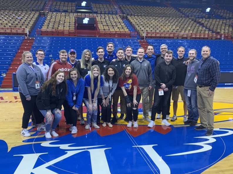 (Almost) the entire crew for the last men’s game of the season! They do incredible work and we are so proud to be Jayhawks! Rock Chalk!