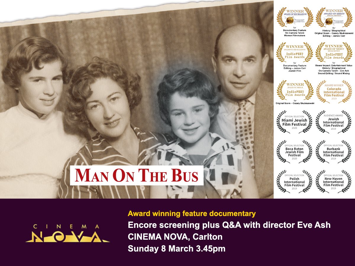 7_Dimensions's tweet image. Bring a friend or two and enjoy an award winning documentary 'Man On The Bus', screening at @cinemanova this Sunday 3:45pm with Q&amp;amp;A.

Tickets at cinemanova.com.au/films/man-on-t…

#Holocaust #Jewish  #documentary #doco