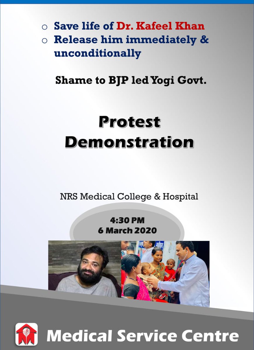 PROTEST DEMONSTRATION demanding immediate release of Dr. Kafeel Khan. 
NRS Medical College,  Kolkata.
  *6th March

#MedicalServiceCentre 
#drkafeelkhan 
#releasedrkafeel 

<a href="/drkafeelkhan/">Prof. Dr Kafeel Khan</a> <a href="/2002Adeel/">Adeel Ahmad khan</a> <a href="/ANI/">ANI</a> <a href="/BBC/">BBC</a> <a href="/DrAnsuman/">Dr. Ansuman Mitra</a>