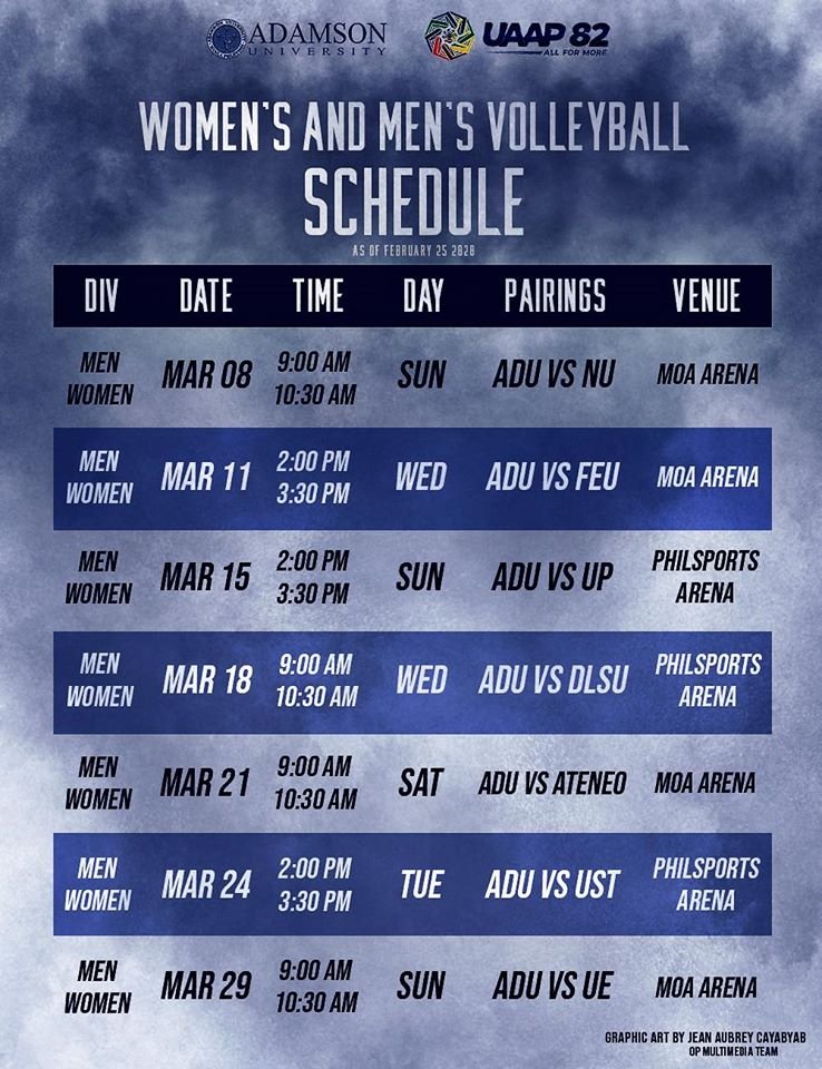 adamson_u's tweet photo. Tara, klasmeyt!
Soaring Falcon Volleyball begins on Sunday, March 8 at the SM Mall of Asia Arena.
Ready to #SoarForMore. 🐦🏐👀
#UAAPSeason82Volleyball
#Unawakanahimo
#LabanAdamson https://t.co/GfwVCTzqbv