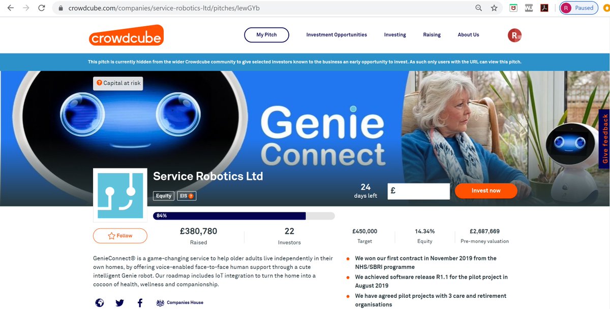 Service Robotics is live on Crowdcube!
Today we launched our latest round of funding, and together with the support from our existing investors and some new interest, we have already reached 85% of our target!
crowdcube.com/servicerobotics
#genieconnect #loneliness #independentliving