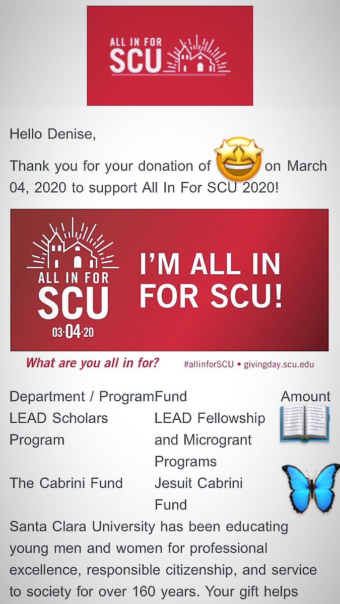 My alumni monies go to first gen and undocu youth at SCU ❤️💯 you have until 11:59pm to go #allinforSCU @SantaClaraUniv