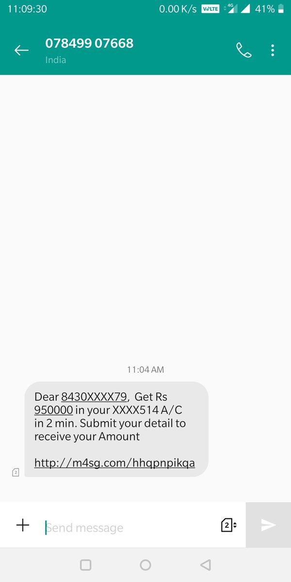 SONIAMBESH's tweet photo. I received fraud massage from 07849907668. 

#fraud #fraudtext #FakeMsg #NewsAlert #beware #bankingfraud
 "Dear 84XXXXXXX9,  Get Rs 950000 in your XXXX514 A/C in 2 min. Submit your detail to receive your Amount
https://t.co/vtSb7MJpqx " https://t.co/4uGHHMBiFa