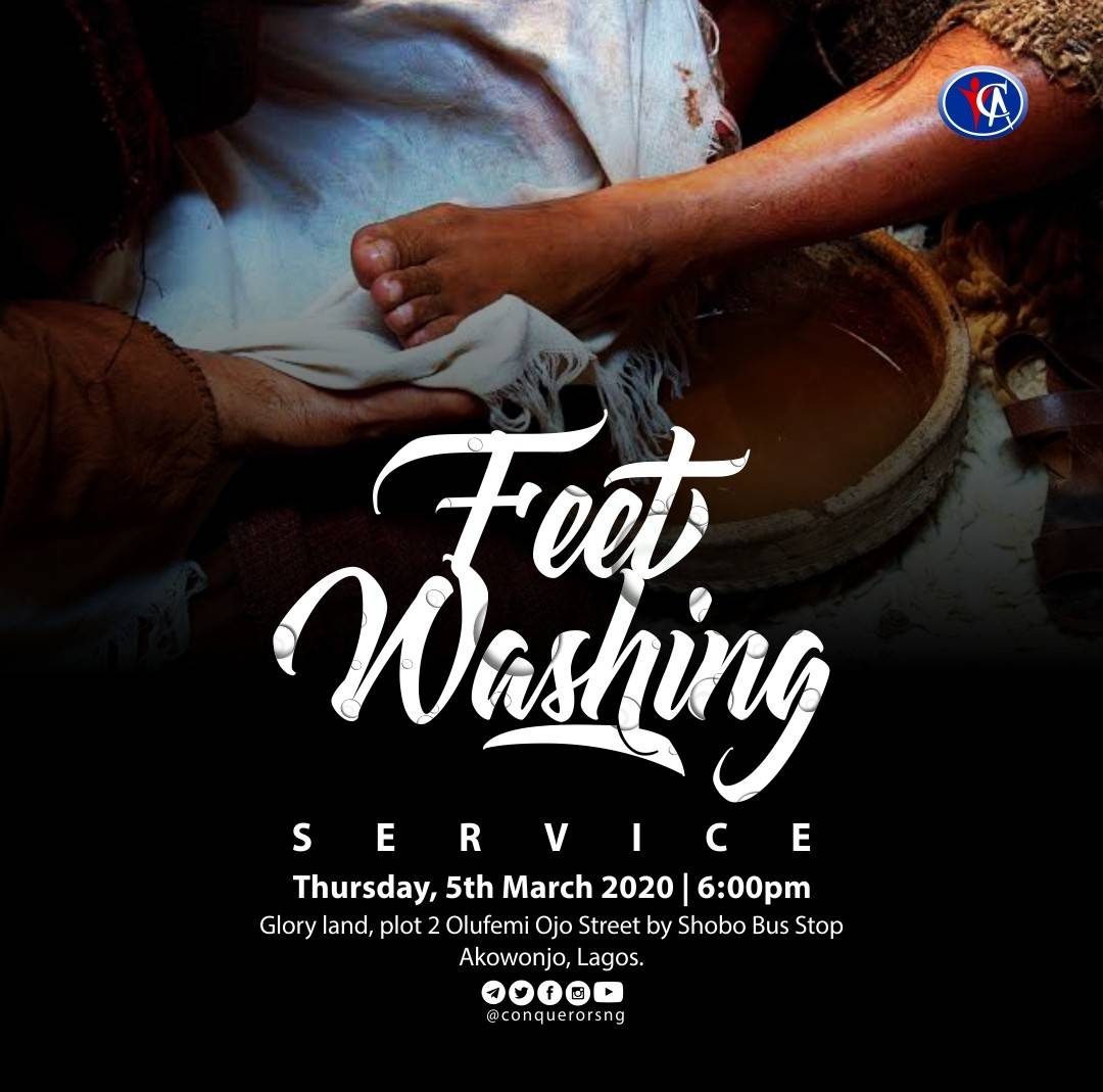 Conquerorsng's tweet image. Join us for feet washing service this evening by 6:00pm at Glory Land 

#tca #conquerorsng #prayerfire #feetwashingservice