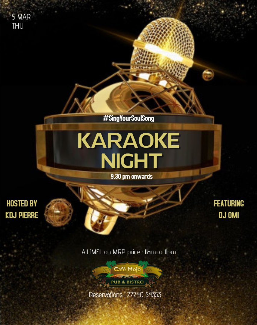 It's karaoke night y'all !
Get your soul song ready ...
Sing away the mid week blues at <a href="/cafemojogoa/">Café Mojo Goa</a> 🎧🎤 #singyoursoulsong

Karaoke Night | 5th March | 9.30 PM onwards

Enjoy drinks at MRP between 11am to 11 pm

For reservations call : 77740 54353
.
.
.
.
.

#cafemojogoa