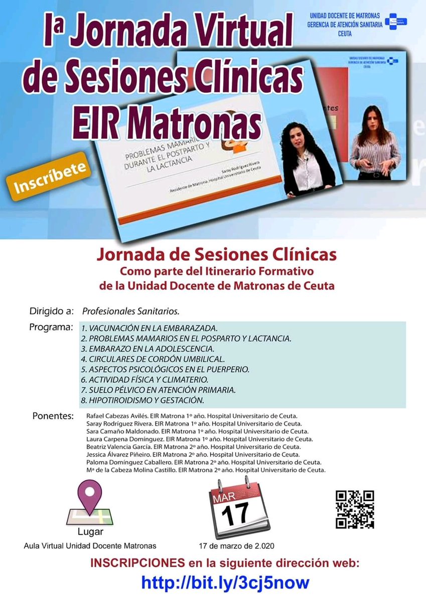 Lady_Magdalya's tweet photo. Cartel definitivo!! Primera jornada virtual de sesiones clínicas por parte de residentes de matrona de la UD de Ceuta. Inscripción gratuita. Os invitamos a participar y difundir información a todos. Habrá chat virtual y foro dudas 24h. Os esperamos!! https://t.co/lSPiSE6pJT https://t.co/obNU2CNgSk