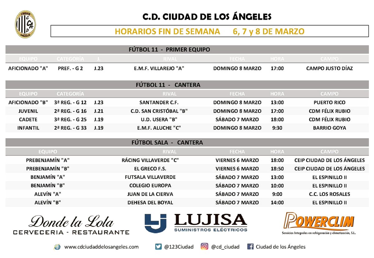 123Ciudad's tweet photo. 📅 HORARIOS
Estos son los horarios para este fin de semana de todos nuestros equipos.
¡Os esperamos!
#123Ciudad ⚫ ⚪ ⚫
#UnosColoresUnaManeraDeSer
Partidos patrocinados por:
💡 @Lujisa_SA
📟 #Powerclim
🍽️ #DondeLaLola https://t.co/EYqRH98PpM