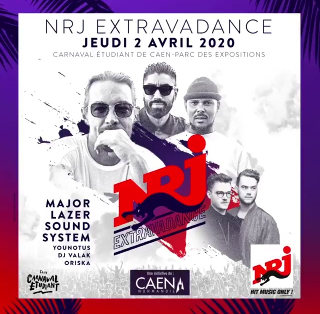 MAJOR LAZER
YOUNOTUS
DJ VALAK
ORISKA

Voilà ce qui vous attend au <a href="/CarnavalCaen/">Carnaval Étudiant de Caen</a> avec NRJ cette année ! Rdv le 2 avril 🎊