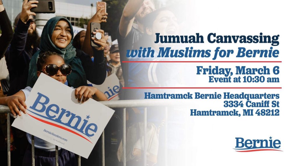 Blackmare00's tweet photo. #BigUs #Michigan

Jumuah Canvassing in Detroit with

     #MuslimsForBernie 🧕🏼

Please bring a📱

🔹Friday, March 6
🔹10:30am

Hamtramck Bernie HQ
3334 Caniff St
Hamtramck, MI 48212

#NotMeUs #UseTheBernApp📲 #MIPrimary #March10 #VoteForBernie 

RSVP: https://t.co/e1No4TB0wy https://t.co/gV3YoPENcd