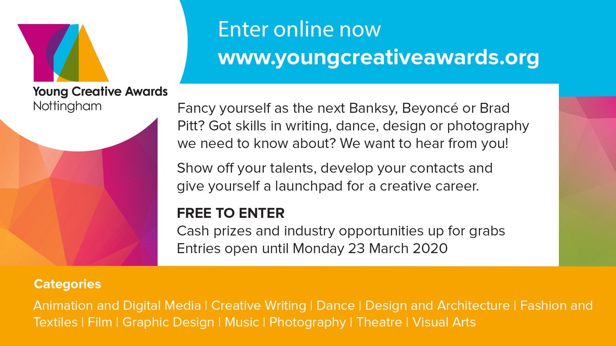Hey arty folk! We have a visual arts category in the Nottingham Young Creative Awards 2020. Cash prizes and industry experience are up for grabs. Please RT &amp; share!🎨

<a href="/LakesideArts/">Lakeside Arts</a> @NTUBonGallery <a href="/Nottm_Contemp/">Nottingham Contemporary</a> @newartexchange <a href="/BACKLITgallery/">BACKLIT</a> <a href="/surfacegallery/">Surface</a>