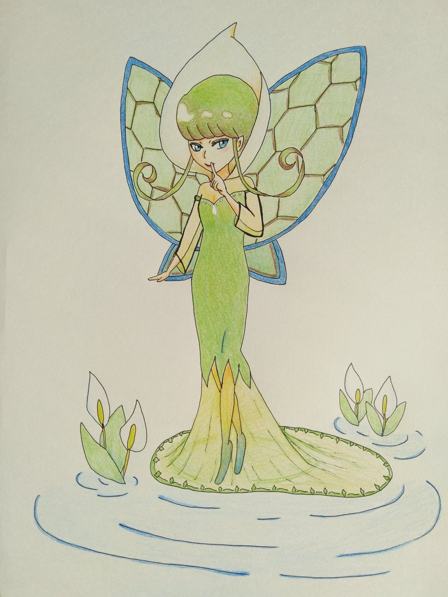 きょし 植物妖精化 ごんリンさん Gonrin 11 作 ミズバショウです 水辺の妖精って感じがしてすごくいいです ドレスで水の上に立っているのが 印象的です イラスト 妖精 擬人化 植物 ミズバショウ