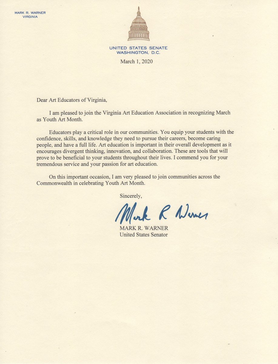 VAartED's tweet photo. "Art Education encourages divergent thinking, innovation, and collaboration." Thank you, Senator Mark Warner, for acknowledging and supporting the work that we do in the classroom everyday. “@MarkWarner
Happy Youth Art Month! #youthartmonth #vaartedyam20 #vaeayam https://t.co/TmZc5huOk1