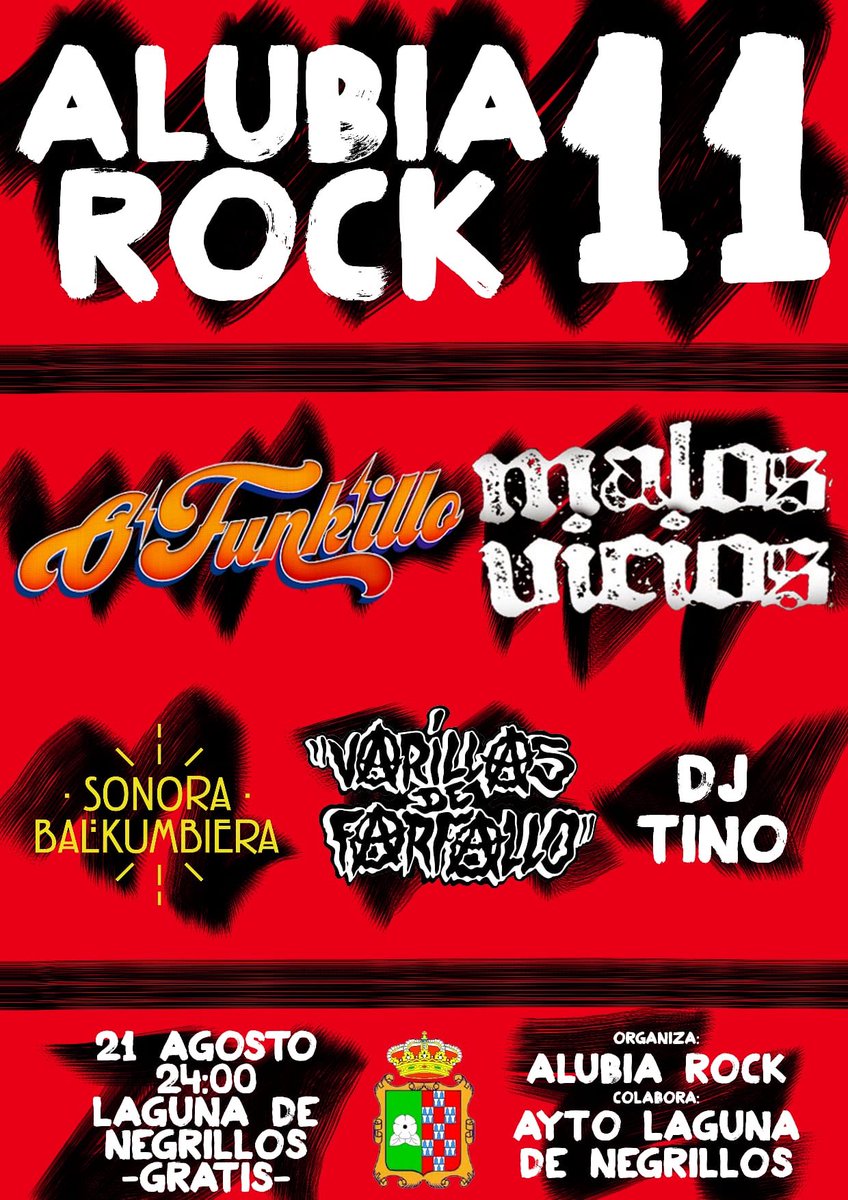 🔥Cartel completo 11 Alubia rock 🔥 
A los ya confirmados <a href="/Malos_Vicios/">Malos Vicios</a> #sonorabalkumbiera y #Discomovidadjtino se les suman #varillasdefarfallo y <a href="/ofunkilloband/">ofunkillo oficial</a> 
21 de Agosto 2020 Laguna de Negrillos (Leon)
Explanada casa de cultura 
Gratis 
Zona de acampada gratuita ⛺️