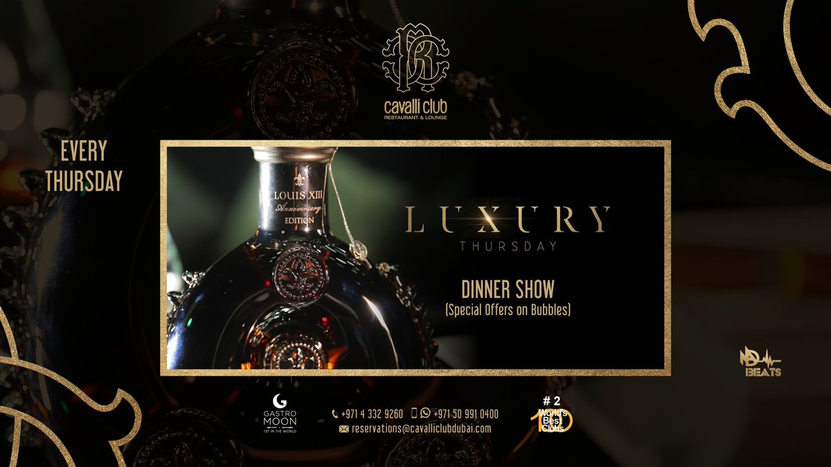 Join Cavalli Club Luxury Thursday ✨

👯‍Extravagant Dinner Show
🍽 5-star À La Carte Menu 
🥂Special Offer on Champagne
💃🏻🕺🏻The Best Clubbing Experience 
🎭Continue the party at Anonymous Lounge till 6am 

Are you in? Secure your spot Now! 📲 800 Cavalli