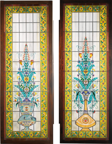 A large and impressive pair of French enamelled 'Persian-style' leaded-glass double-doors signed by J.P.Imberton. Paris, France. Dated 1886.