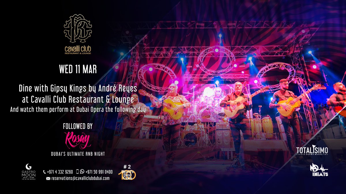 Dine with Gipsy Kings at Cavalli Club Restaurant &amp; Lounge 
WED 11 MAR
❗Save the date
.
.
#CavalliClubDubai #CavalliClubDXB #bestclubdxb #bestparty #Bestnight #VisitDubai #Dubai #mydubai #DubaiClub #bestrestaurant #italianfood #ItalianRestaurant #DanceAllNight