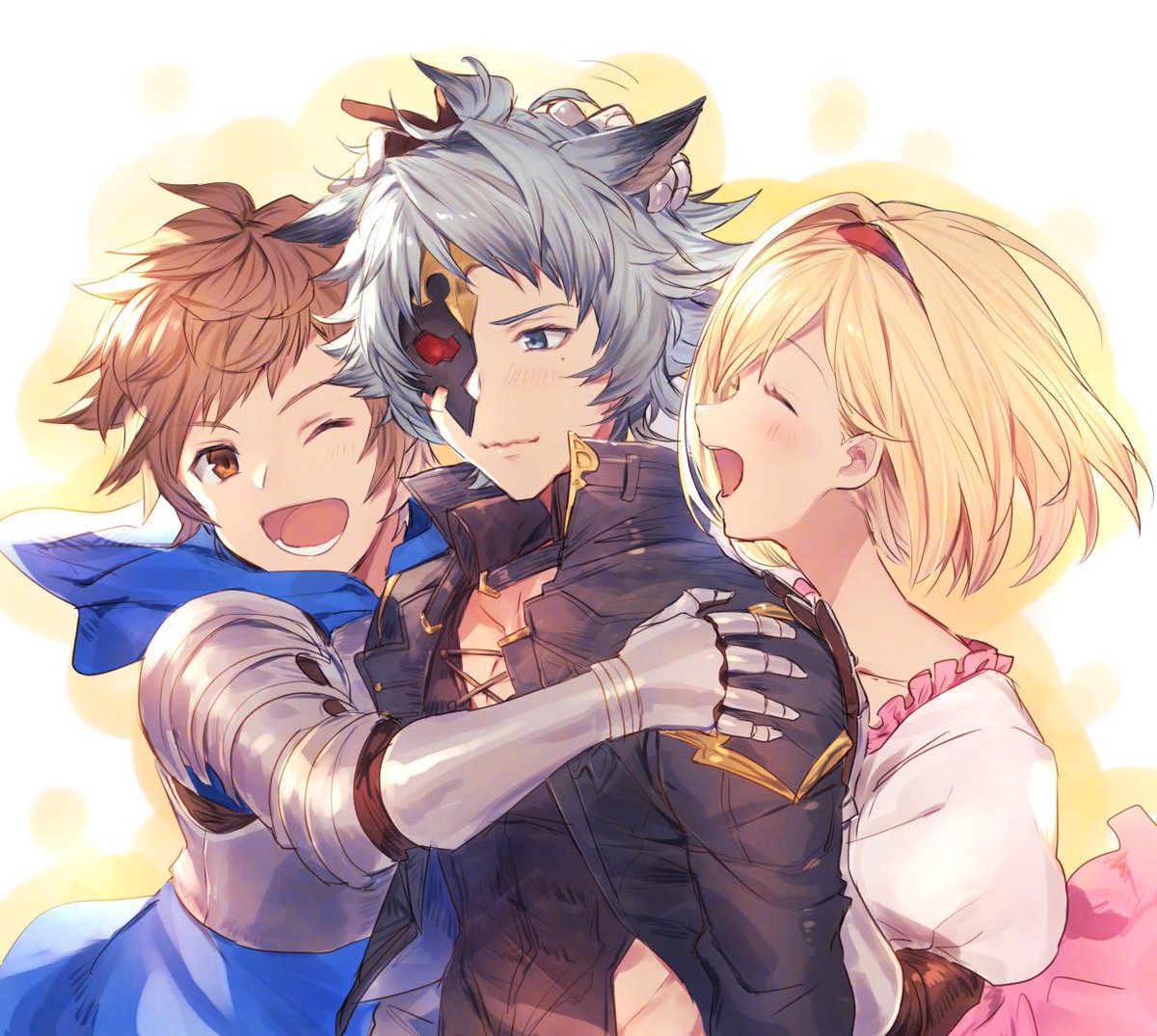 djeeta (granblue fantasy) 1girl blonde hair 2boys multiple boys brown hair open mouth gauntlets  illustration images