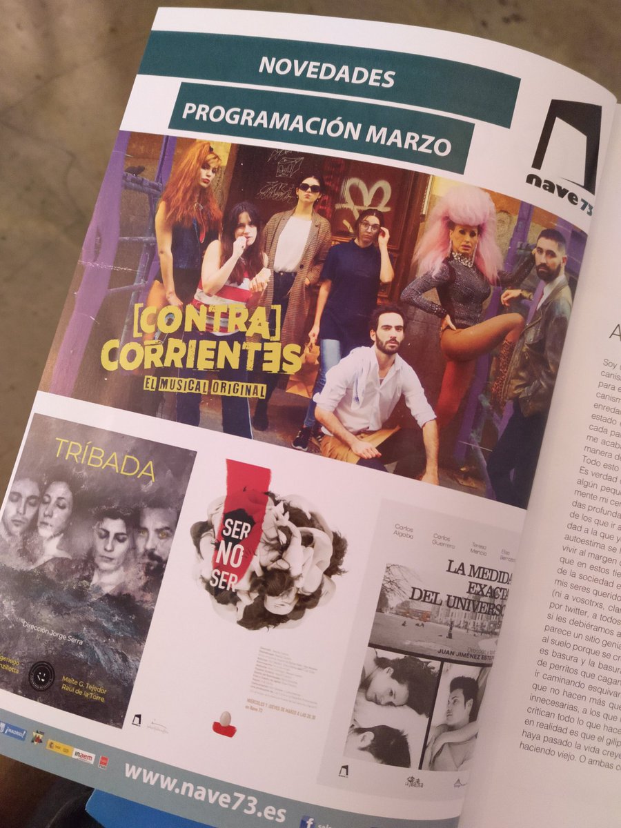 nave_73's tweet photo. Este mes de #marzo en @RevistaGodot os cuentan las principales novedades de nuestra programación 🎭 ¡Vente a vernos y consigue tu ejemplar antes de que se acaben!
#SERNOSER
#Tríbada
#ContraCorrientes
#LaMedidaExactaDelUniverso https://t.co/kSnkbTjtkd