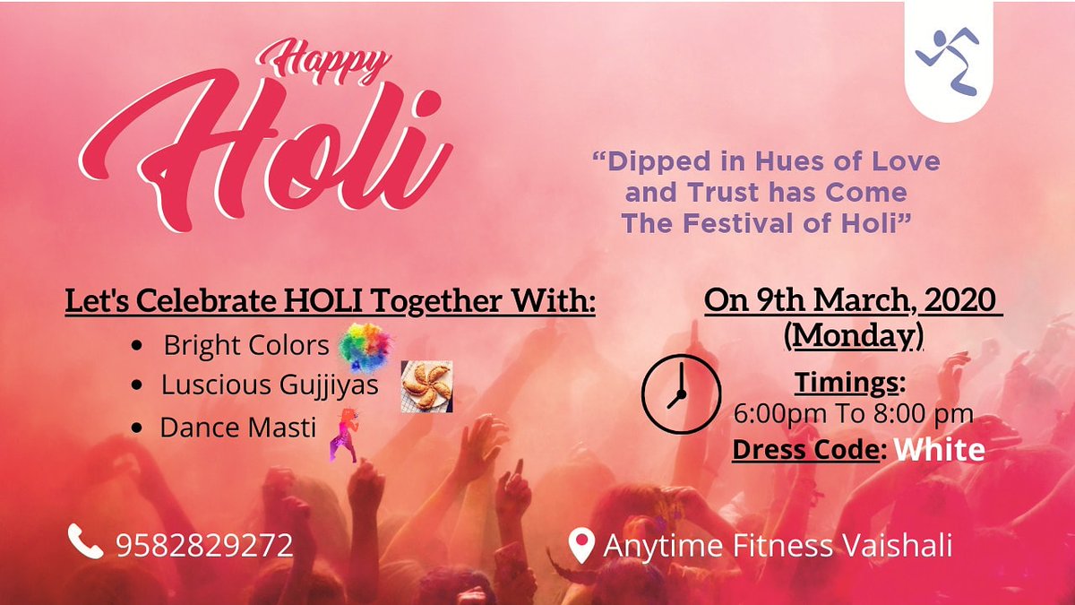 AFVaishali's tweet photo. Let's celebrate this Holi together with a 
* Splash of Colors,
* Luscious Gujjiyas and
* Dance Masti at Anytime Fitness Vaishali @anytimefitnessvaishali 
Date : 9th March, 2020 (Monday) 
Timings : 6.00pm to 8.00pm
Join us for this special and colorful festival.
#happyholi #holi https://t.co/KdsxOUH518