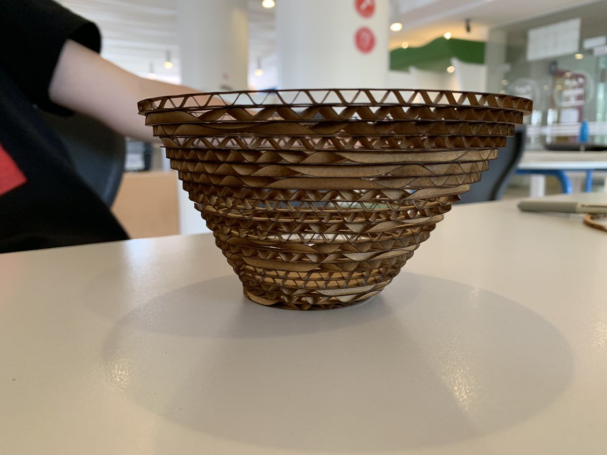 rharwood17's tweet photo. Student created bowl on the @glowforge from concentric circles today. #cardboard #prototype turned out nice! #MSDesignACS #AfricaEd #COETAIL #design #math https://t.co/R0TbzOJY3a