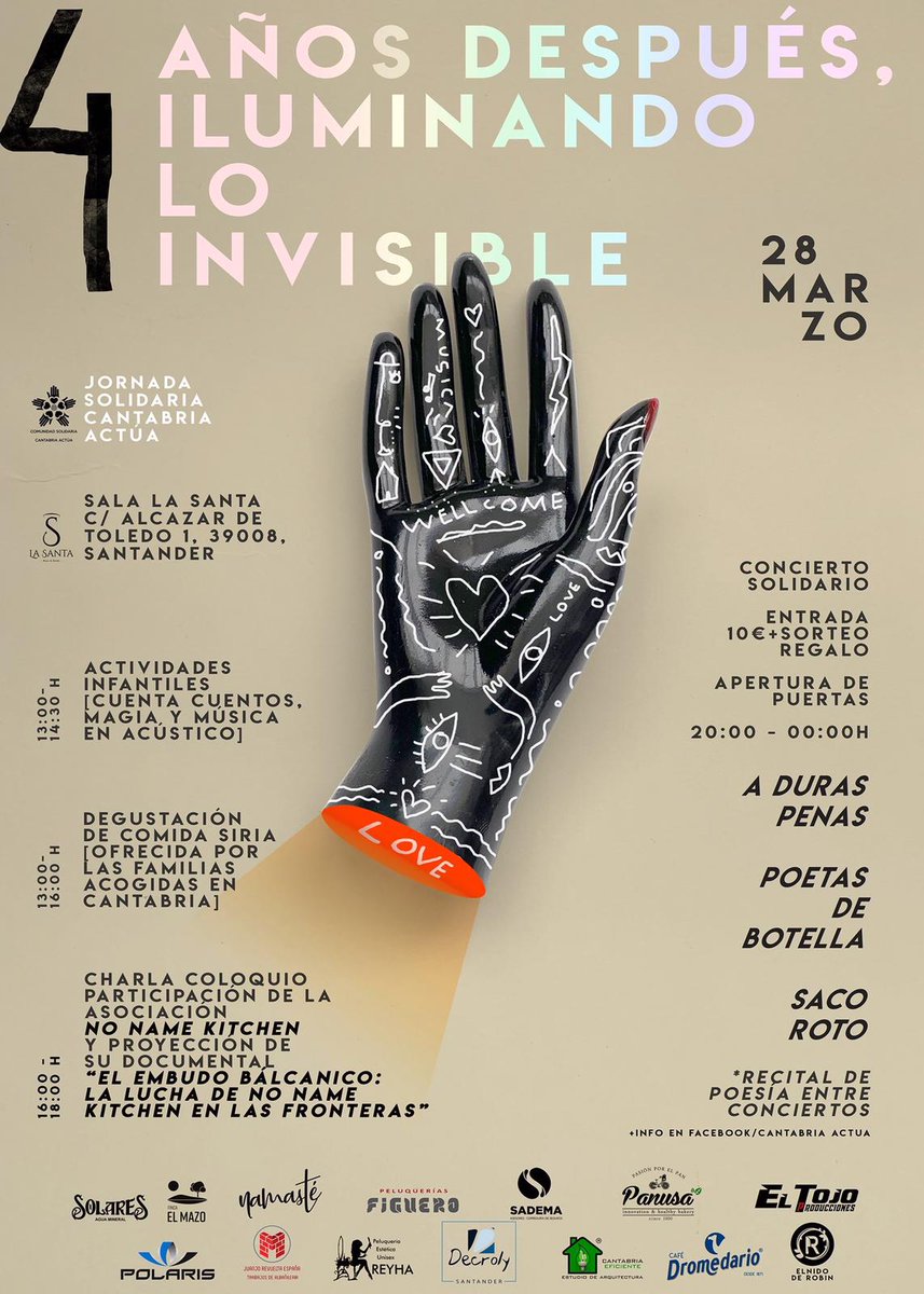 📣Cuatro años después seguimos iluminando lo invisible.
El día 28 no te pierdas nuestro evento solidario. Música, actividades infantiles, charlas y comida siria. ¡No faltes!