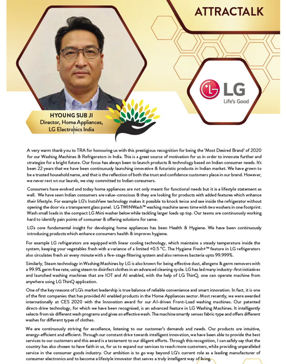 TRA_Research's tweet photo. Let's see what @LGIndia has to say about #BrandDesire | Hyoung Sub Ji (Director, Home Appliances, LG Electronics India)
#Attractalk #MDB2020 #TRA #QuestforTruth https://t.co/1gsBUE3Z6B