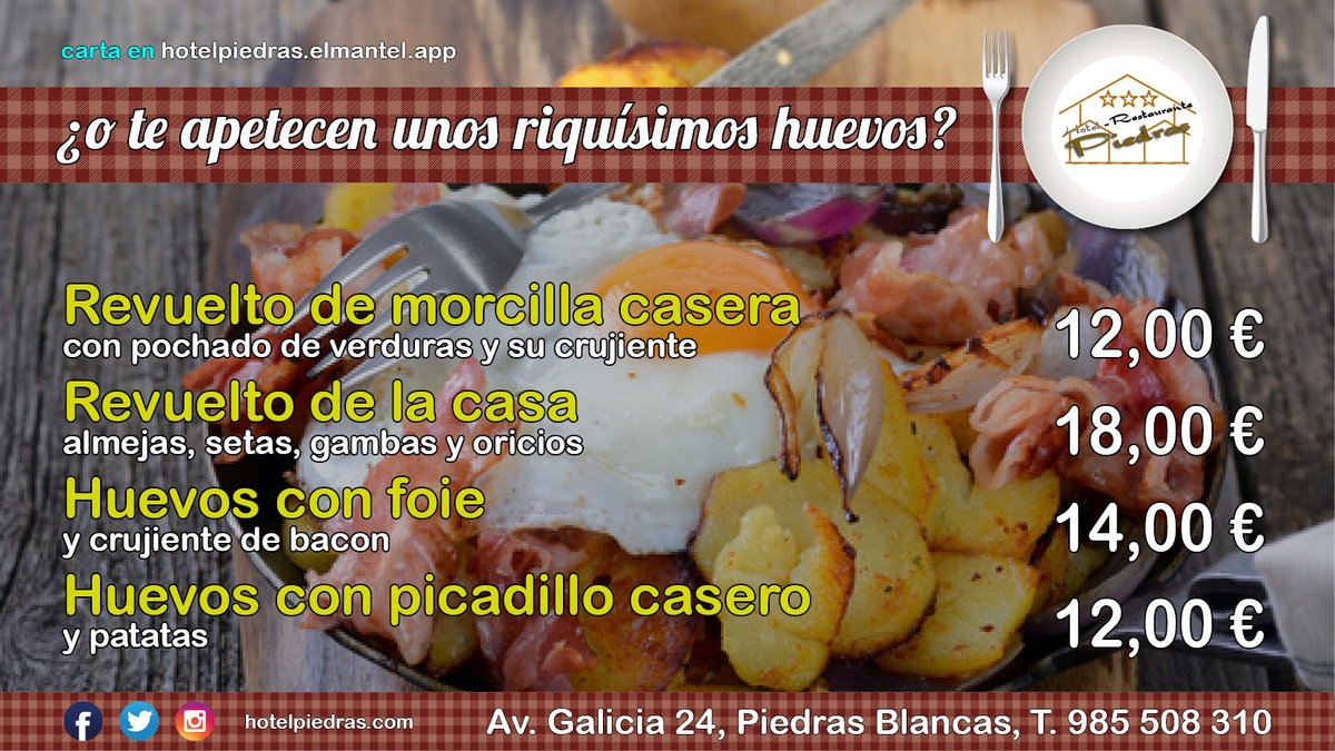 Menú 👩‍🍳 en el Hotel Piedras jueves 5/3/2020 ▶️ 10,00€
PRIMERO A ELEGIR
Pote de berzas
Ensalada serrana
Crema de legumbres
SEGUNDO A ELEGIR
Muslo de pollo asado al horno
Trucha con bacon
INCLUYE
Postre casero, pan, bodega
🚗 goo.gl/maps/TTFf94Ga4…
#menupiedras
#menuaviles