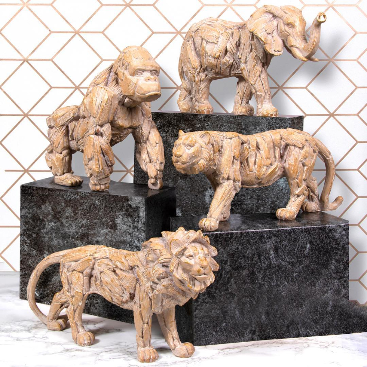 LesserPaveyLtd's tweet photo. These brand new Driftwood animal figurines are coming soon to https://t.co/xMBip2oEKR. Stay tuned for the full range! #TheLeonardoCollection #gifts #giftware #giftideas #giftinspiration #giftsforthehome #homedecor #gorilla #elephant #lion #tiger #animalsculpture #driftwood https://t.co/MGzHpjd3OK