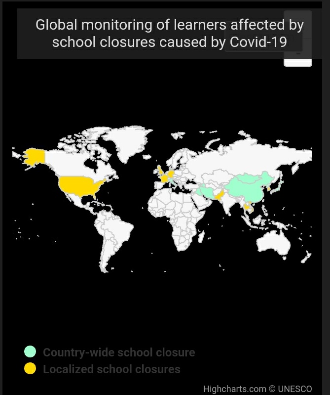 fmarmole's tweet photo. How #coronavirus is affecting #education? @UNESCO's estimates that 290 million students in 13 countries are unable to attend due to schools being closed.Additional 180 million could be affected if 9 more countries order nationwide closures. Updated info:  
https://t.co/ZQAmHzlw0J https://t.co/hjnhCrqv79