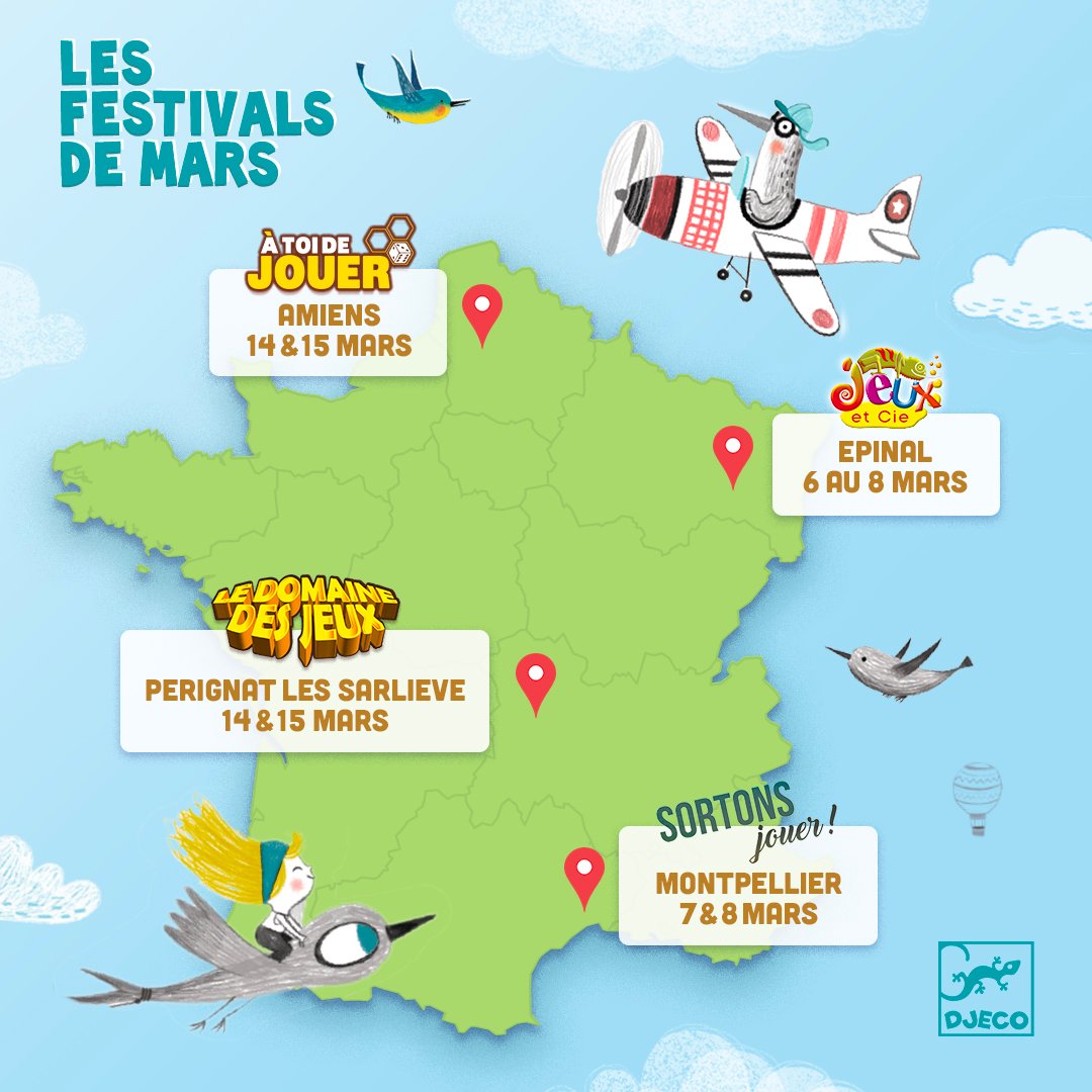 Djeco_toys's tweet photo. 🦎🎲 Envie de découvrir et tester les jeux Djeco ? 🦎🎲
Retrouvez nos nouveautés lors de 4 festivals en France ce mois-ci.
Et ça commence dès le 6 mars avec le Festival Jeux et Cie - Epinal !
#Djeco #toys #JeuxCie #SortonsJouer #HappyGamesMulhouse #LeDomaineDesJeux #AToiDeJouer https://t.co/le6Iib74fF