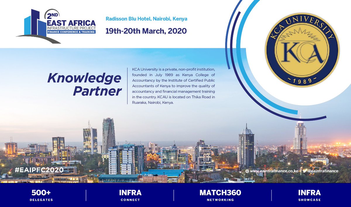 Honored to have the KCA University as a Knowledge Partner of the #EAIPC2020. Visit their stand 005 at the InfraShowcase area to learn more. Registration is on eainfrafinance.co.ke. <a href="/kcauniversity/">KCA University</a> <a href="/KCAU_IPS/">KCAUniversity IPS</a> <a href="/StrathU/">Strathmore University</a> <a href="/USIUAfrica/">USIU-Africa</a> <a href="/uonbi/">University of Nairobi</a> <a href="/MoiUniversity_/">Moi University</a> <a href="/RiaraUniversity/">Riara University</a>