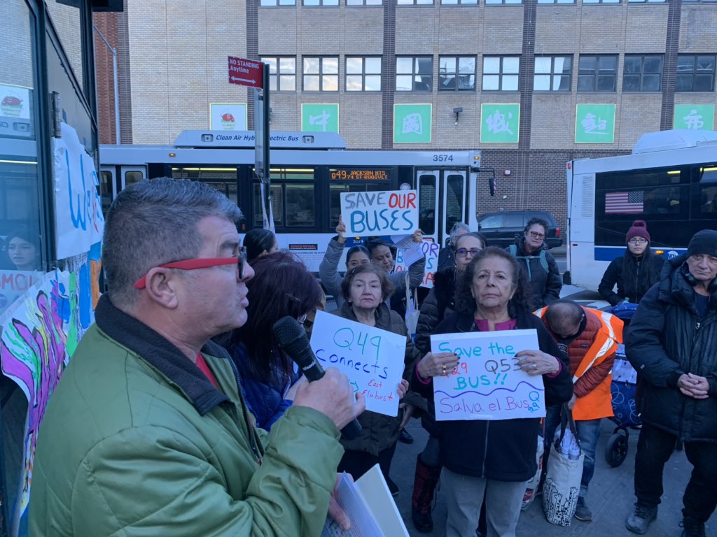 JimRockaway's tweet photo. Last night’s rally &amp;march to call out shortcomings of #QueensBusRedesign at 74th St Hub. Under plan buses will be directed away from this accessible station w/elevators &amp; five trains &amp; many buses to instead go to local stops w/no accessibility, no express svc &amp;no bus hub. https://t.co/ftfGQlmuKz