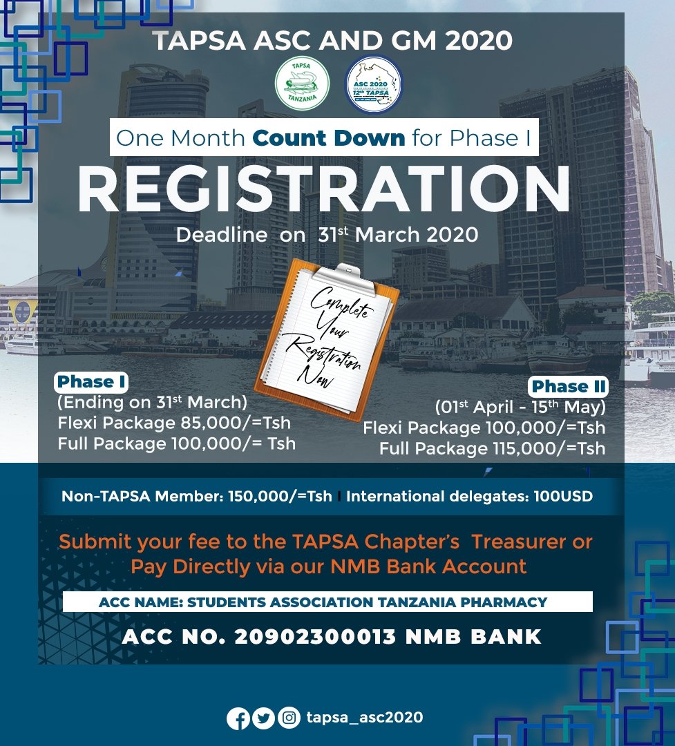 TAPSA_Asc2020's tweet photo. Hello World.Only one month remaining to the closing date of the First phase of registration to attend the 12th TAPSA Annual Scientific Conference &amp; GA
We kindly invite you to register through the link below 
https://t.co/UNR53A0LmO
Follow us on social media  @tapsa_asc20 for more https://t.co/VU5lWKpcdf