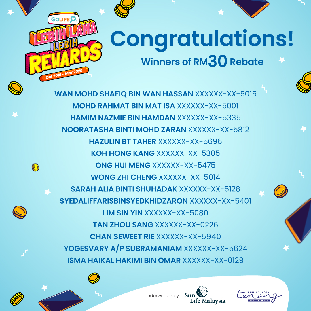 umobile's tweet photo. Congratulations, #GoLifeLebihLamaLebihRewards winners in February 2020! We'll contact you via call / SMS soon.
If you're not covered by GoLife life insurance yet, get protected today from only RM5/month.
#GoLife #AffordableLifeInsurance #UMobile https://t.co/OVhWeNh1K0