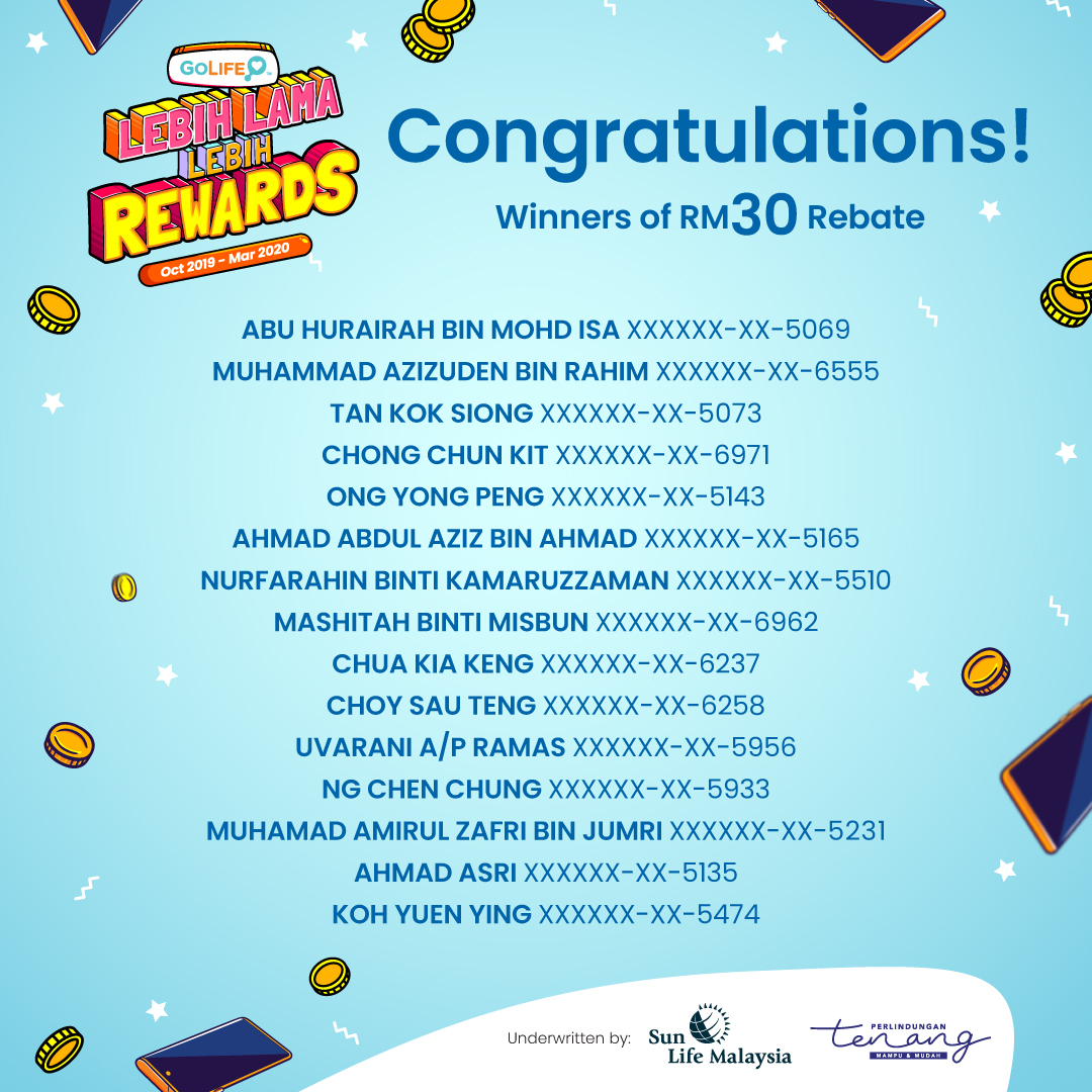 umobile's tweet photo. Congratulations, #GoLifeLebihLamaLebihRewards winners in February 2020! We'll contact you via call / SMS soon.
If you're not covered by GoLife life insurance yet, get protected today from only RM5/month.
#GoLife #AffordableLifeInsurance #UMobile https://t.co/OVhWeNh1K0