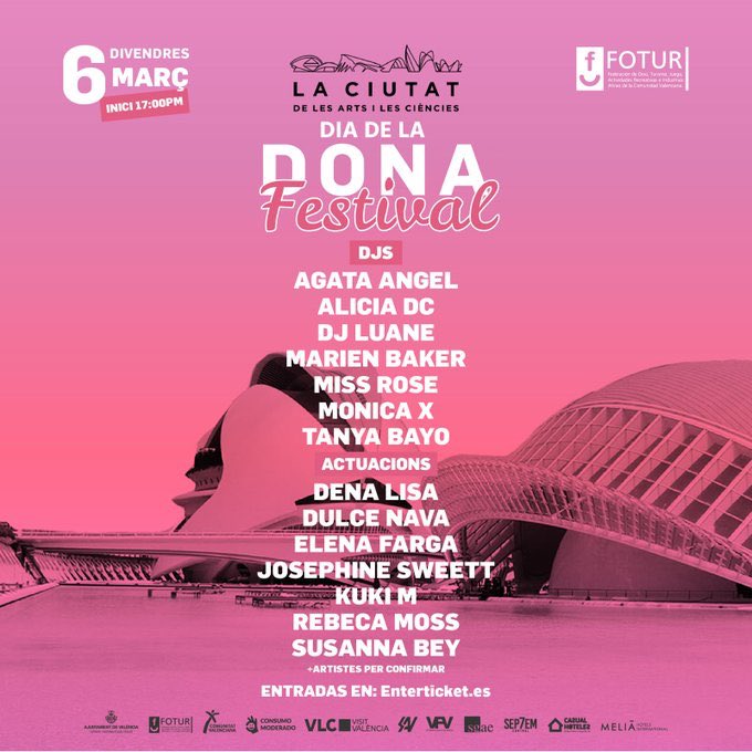 Bon dia! 🎶 La tercera edició del Festival #DiadelaDona, organitzat per <a href="/FoturValencia/">Fotur Cv</a> i <a href="/ProdjCv/">ProDj Cv</a>, arriba demà a #València 🎧. Comptarem amb artistes locals i internacionals per a visibilitzar el seu treball i reivindicar el paper de les dones ♀. #8M
👉🏼 bit.ly/2SCZxX5