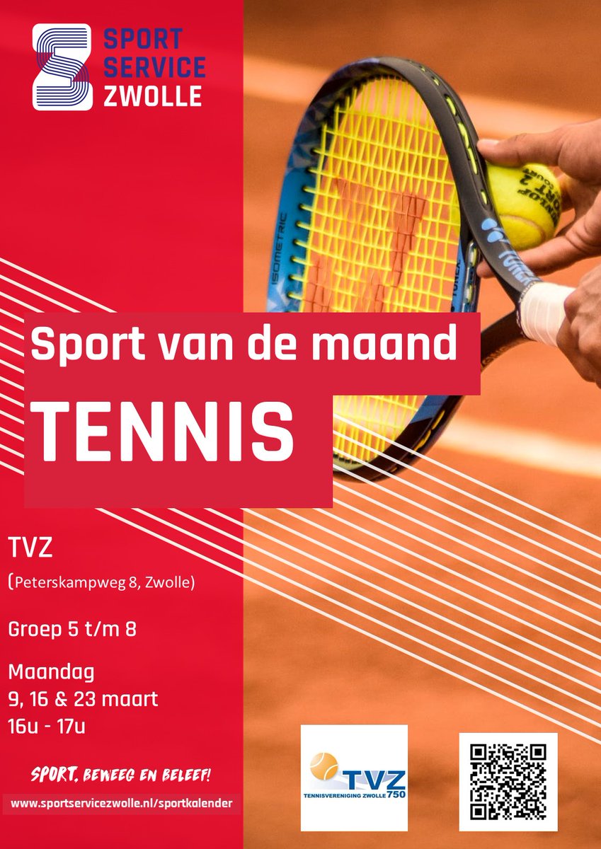 Deze maand is de sport van de maand: Tennis. Kids van groep 5 - 8 kunnen hun sportinteresse vergroten en hun vaardigheden verbeteren <a href="/TVZ_750/">TVZ 750</a> en <a href="/TCIttersum/">TC Ittersum</a> . Meer info? Bekijk hier: bit.ly/39l6oud
