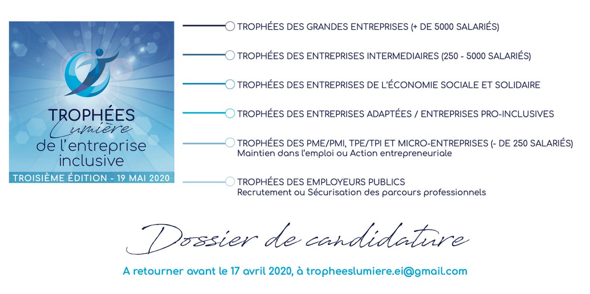 Ouverts à tous, les Trophées Lumière récompenseront les actions inclusives des entreprises de toute taille et des employeurs publics. 
✔️Sélectionnez votre catégorie 
✔️Téléchargez le dossier de candidature : tropheeslumiereei.fr 
✔️Participez avant le 17/04
#CICH #handicap