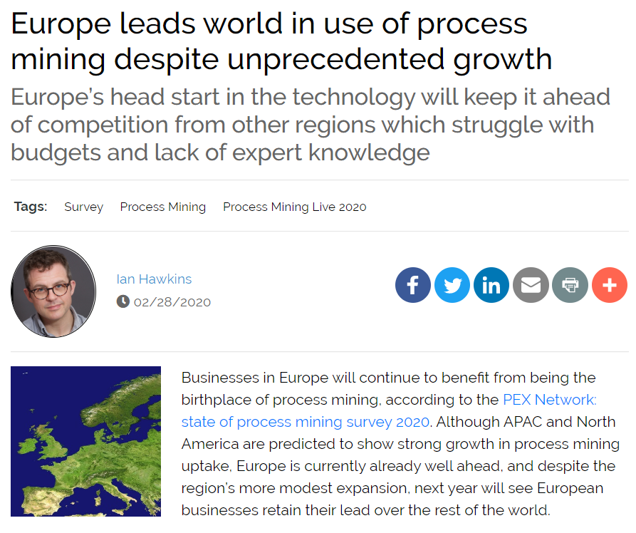 wvdaalst's tweet photo. "Europe leads world in use of process mining despite unprecedented growth --
Europe’s head start in the technology will keep it ahead of competition from other regions which struggle with budgets and lack of expert knowledge" https://t.co/ifdaAYPT5X #processmining @PEXNetwork https://t.co/QjZAyaP5Mz