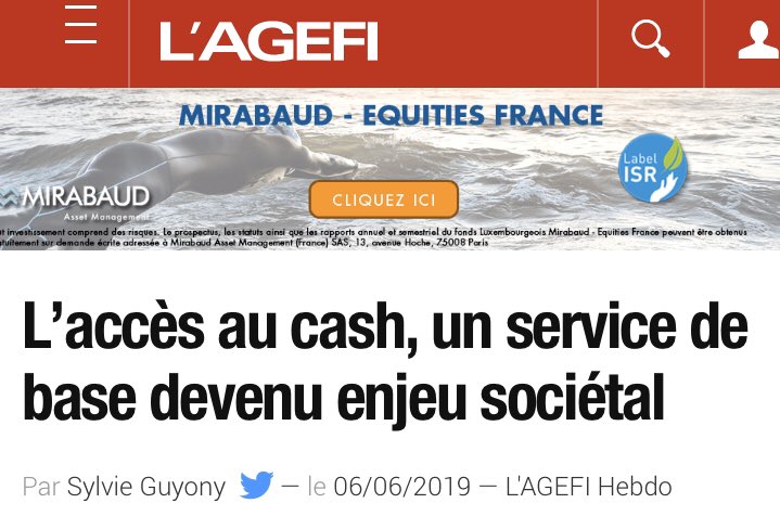L'accès au cash, un service de base devenu enjeu sociétal - Pr François Villeroy de Galhau, gouverneur de la Banque de France, les espèces sont un « élément très important de la liberté de choix des Français face à leurs moyens de paiement » par <a href="/SylvieGUYONY/">Sylvie GUYONY</a> dans <a href="/AgefiFrance/">L'AGEFI</a>