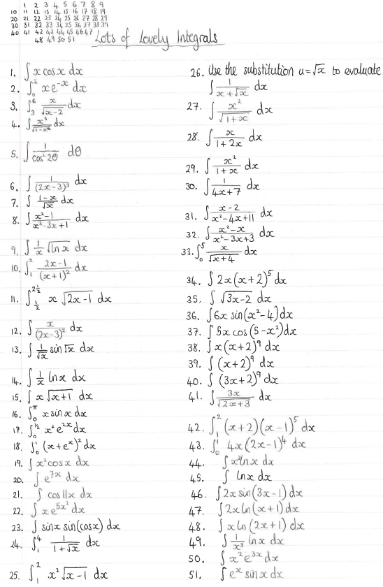HoneywillTim's tweet image. I am v happy to share any resources people want, but a lot of them are handwritten... is that ok?
E.g.:&quot;Lots of lovely integrals&quot; that I give as a work-at-this-through-the-yr worksheet for Yr 13. E-mail me (honeywillt@khviii.net) if you want detailed worked solutions and answers.