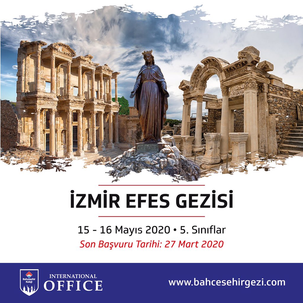 Dünya kültür mirası Efes Antik Kent’i ziyaret etmek için 5. Sınıf öğrencilerimiz 15-16 Mayıs 2020 tarihleri arasında İzmir’de buluşuyor. Son başvuru tarihi : 27 Mart 2020 olan programıza kayıt ve ayrıntılı bilgi için; bahcesehirgezi.com/program-ve-gez…
