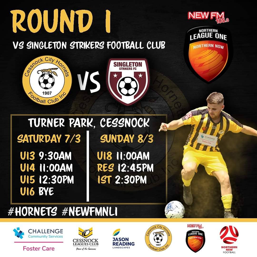 ⚽️🖤💛🐝🚨 ROUND 1🚨🐝💛🖤⚽️
This week the #Hornets will host Hunter Valley rivals Singleton Strikers Football Club!

Get to Turner Park and support your local club!
#NEWFMNL1 #CESvSIN
