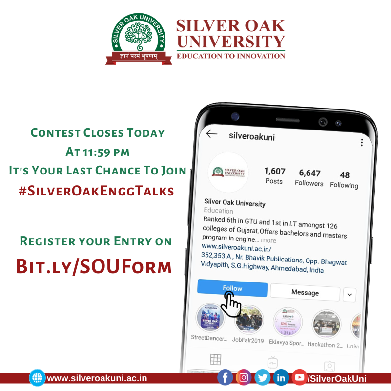 SilverOakUni's tweet photo. Contest Closes Today at 11:59 pm. It's Your Last Chance To Join!
So buckle up and submit your entry on https://t.co/BbOcQeWo3e
#SilverOakEnggTalks #CampusBuzz #SilverOakUniversity #SOCET #ASOIT #Engineers #Ahmedabad #Gujarat https://t.co/fqWEvvly1Q