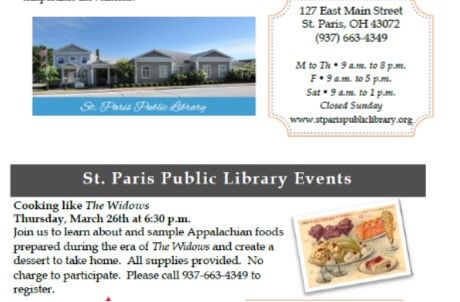 obmc2020's tweet photo. St. Paris Public Library invites you to attend Cooking like The Widows--the 2020 #OneBookManyCommunities selection by Jess Montgomery.  Registration is required.  

Call the library for more information.

#OBMC2020 #TheWidows #JessMontgomery #CommunityRead https://t.co/Ug1mMCDmWK