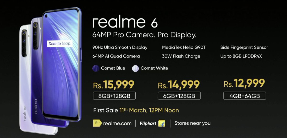 geekabhishek_'s tweet image. #Realme6 #ProCameraProDisplay
•6.5" Full HD+ Puch Hole
•90Hz wuth Corning Gorilla Glass
•MediaTek Helio G90T
•16MP Selfie with
•64 Main + 8MP Wide Angle + 2MP Marco + 2MP Depth
•4300mAh with 30W Charging
•Android 10, Realme UI

4+64GB - ₹13k
6+128GB- ₹15k
8+28GB- ₹16k