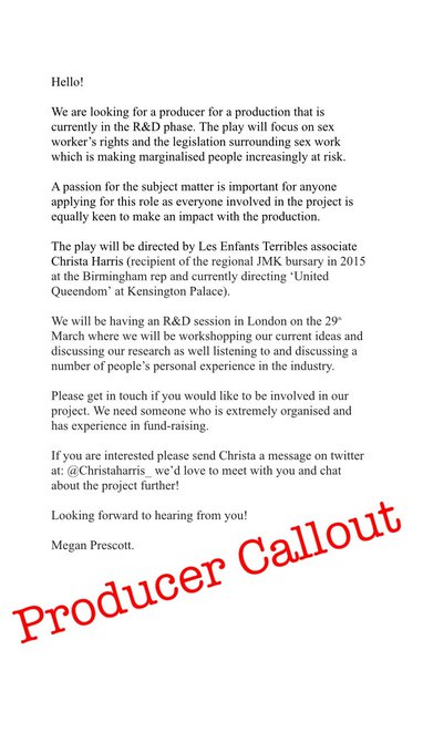 PRODUCER CALLOUT! We are currently looking for a theatre producer for a production that&rsquo;s in the R&amp;D<a href="/tag/producercallout"class="tags"><span>#producercallout</span></a>