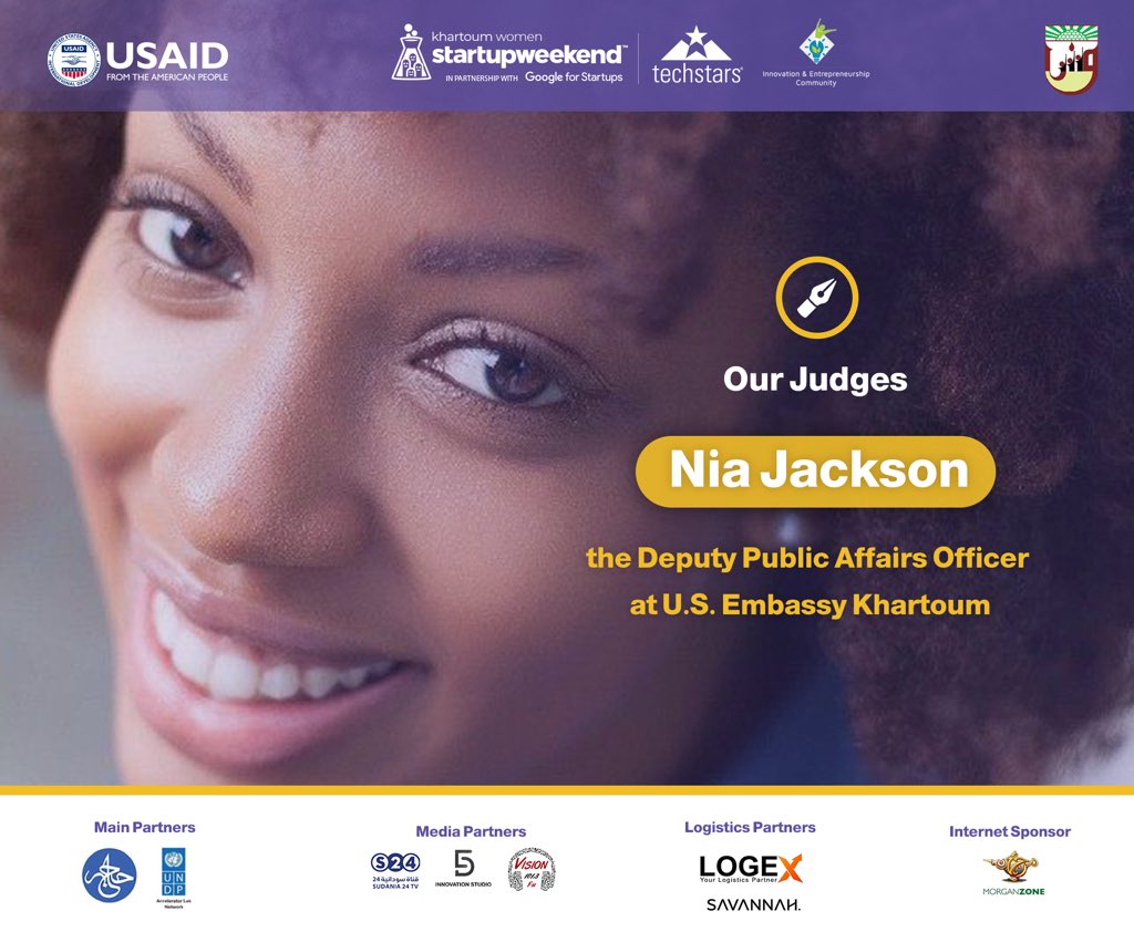 SWKH17's tweet photo. #meetourjudges
Nia Jackson is the Deputy Public Affairs Officer at U.S. Embassy Khartoum. She manages U.S. exchange programs such as the YALI Mandela Washington Fellowship, the mission's communications, and outreach events.
#startupweekend #IECSudan #SWKH #womenpower
#SWWKH2020 https://t.co/pZidZMOjNf