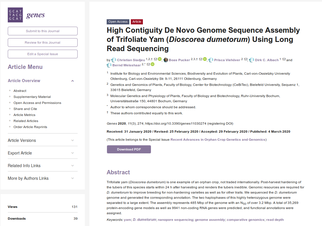boas_pucker's tweet photo. Our #ONT yam (Dioscorea dumetorum) genome assembly is now published in @Genes_MDPI:

https://t.co/GXORLPtnyJ

Many thanks to all co-authors and supporters!

#plantsci #genomics #Bioinformatics #crops https://t.co/rY2WhyKCKc