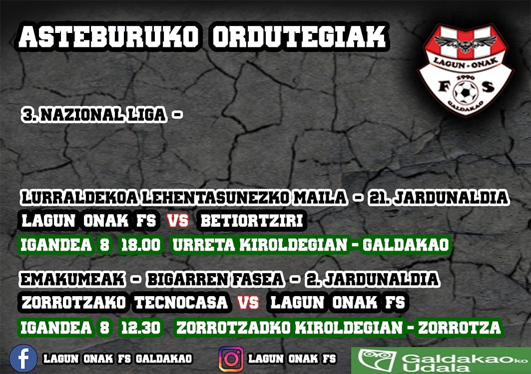 Asteburuko Ordutegiak 
#BatBiHiruLagun 
#30urteurrena 
#AretoFutbola 
#Galdakao